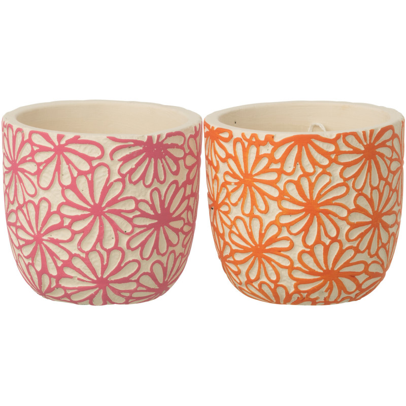 Lot de 2 Cache-pots bohème Rond D 12 cm Terre cuite Rose Orange Motif fleurs Hanaya 