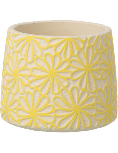 Lot de 2 Cache-pots bohème Rond D 12 cm Ciment Jaune Blanc cassé Motif fleurs Kisara 