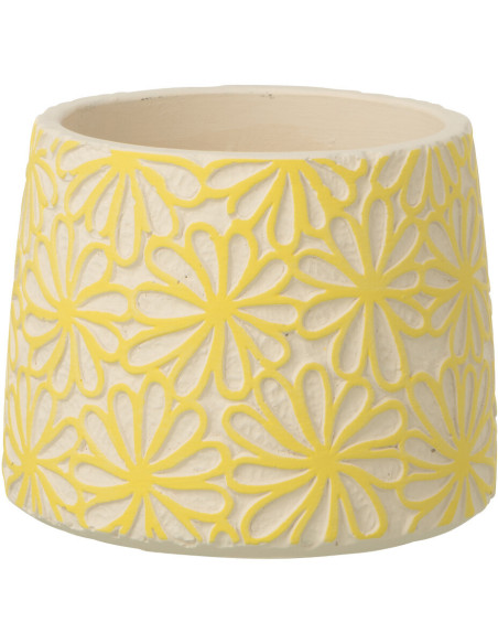 Lot de 2 Cache-pots bohème Rond D 12 cm Ciment Jaune Blanc cassé Motif fleurs Kisara 