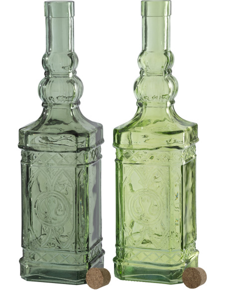 Lot de 2 Bouteilles Carafes style provençal 1 Litre Verre Vert clair Vert olive Bellora 