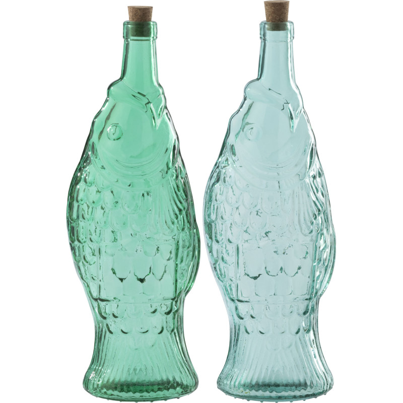 Lot de 2 Bouteilles carafe Poissons 1 Litre Verre Vert émeraude Bleu azur Néréïde 