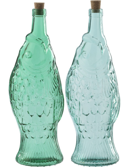 Lot de 2 Bouteilles carafe Poissons 1 Litre Verre Vert émeraude Bleu azur Néréïde 