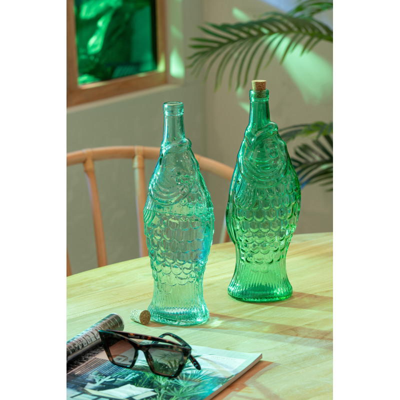 Lot de 2 Bouteilles carafe Poissons 1 Litre Verre Vert émeraude Bleu azur Néréïde 