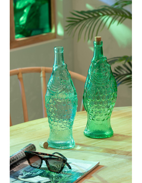 Lot de 2 Bouteilles carafe Poissons 1 Litre Verre Vert émeraude Bleu azur Néréïde 