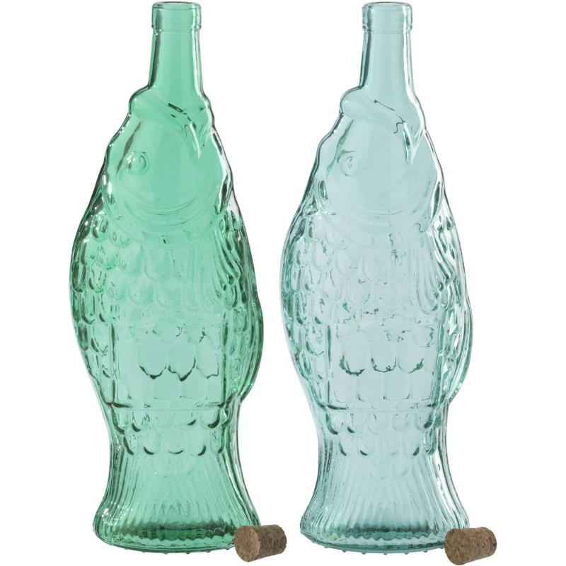 Lot de 2 Bouteilles carafe Poissons 1 Litre Verre Vert émeraude Bleu azur Néréïde 