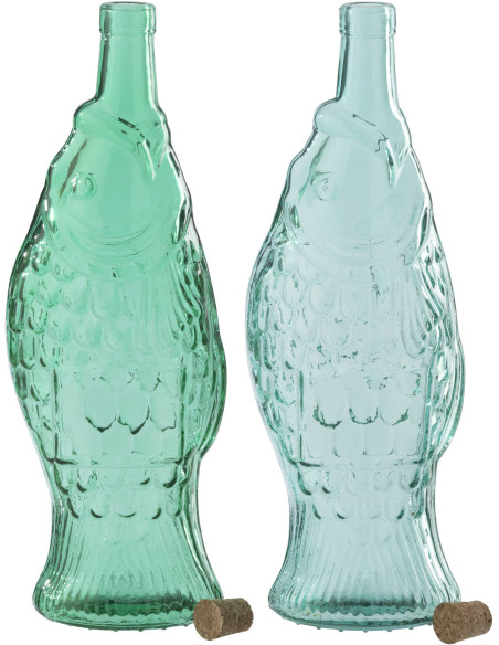 Lot de 2 Bouteilles carafe Poissons 1 Litre Verre Vert émeraude Bleu azur Néréïde 