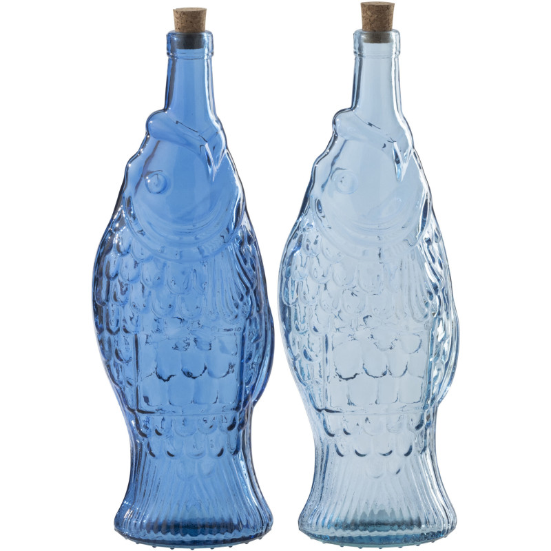 Lot de 2 Bouteilles carafe Poissons 1 Litre Verre Bleu foncé Bleu clair Néréïde 