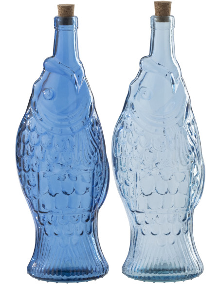 Lot de 2 Bouteilles carafe Poissons 1 Litre Verre Bleu foncé Bleu clair Néréïde 