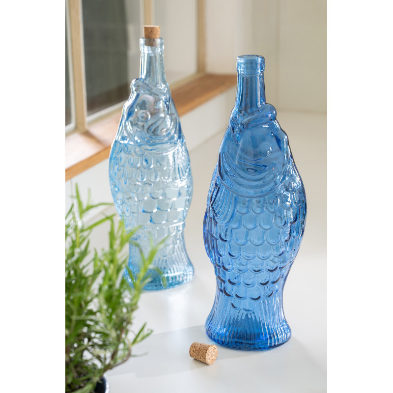 Lot de 2 Bouteilles carafe Poissons 1 Litre Verre Bleu foncé Bleu clair Néréïde 