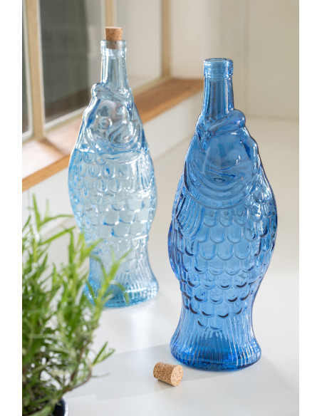 Lot de 2 Bouteilles carafe Poissons 1 Litre Verre Bleu foncé Bleu clair Néréïde 