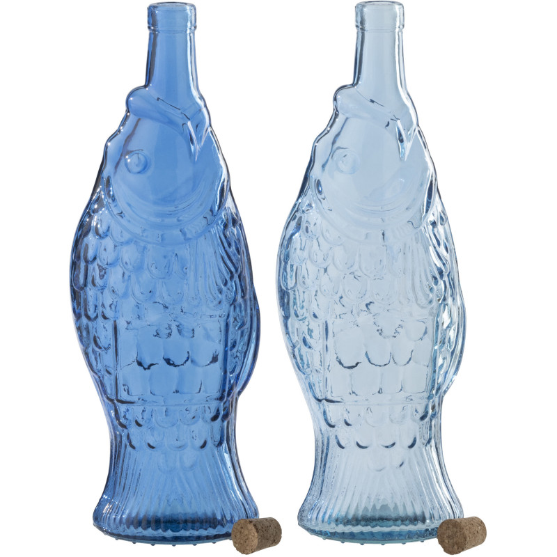 Lot de 2 Bouteilles carafe Poissons 1 Litre Verre Bleu foncé Bleu clair Néréïde 