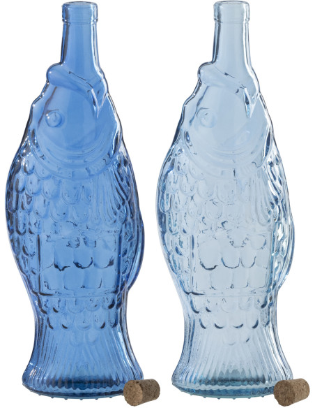 Lot de 2 Bouteilles carafe Poissons 1 Litre Verre Bleu foncé Bleu clair Néréïde 