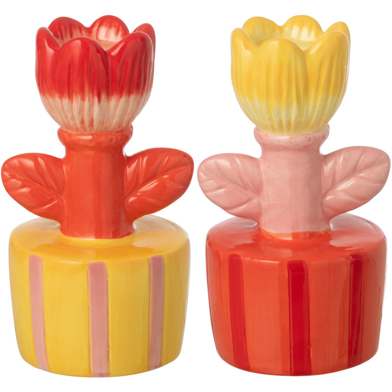 Lot de 2 Bougeoirs sur pied pop rétro Fleurs H 16 cm Dolomite Rose Orange Jaune Rouge Florixa 