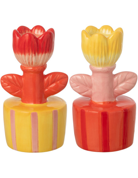 Lot de 2 Bougeoirs sur pied pop rétro Fleurs H 16 cm Dolomite Rose Orange Jaune Rouge Florixa 