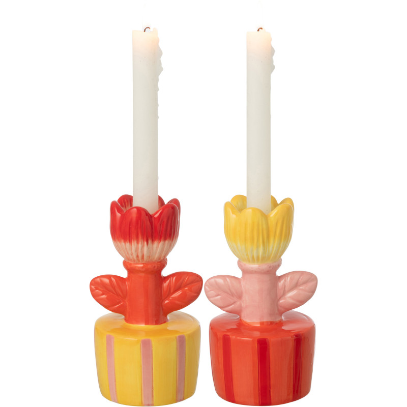 Lot de 2 Bougeoirs sur pied pop rétro Fleurs H 16 cm Dolomite Rose Orange Jaune Rouge Florixa 