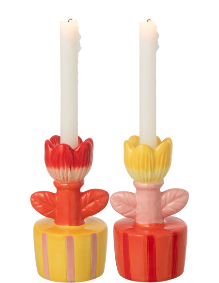 Lot de 2 Bougeoirs sur pied pop rétro Fleurs H 16 cm Dolomite Rose Orange Jaune Rouge Florixa 