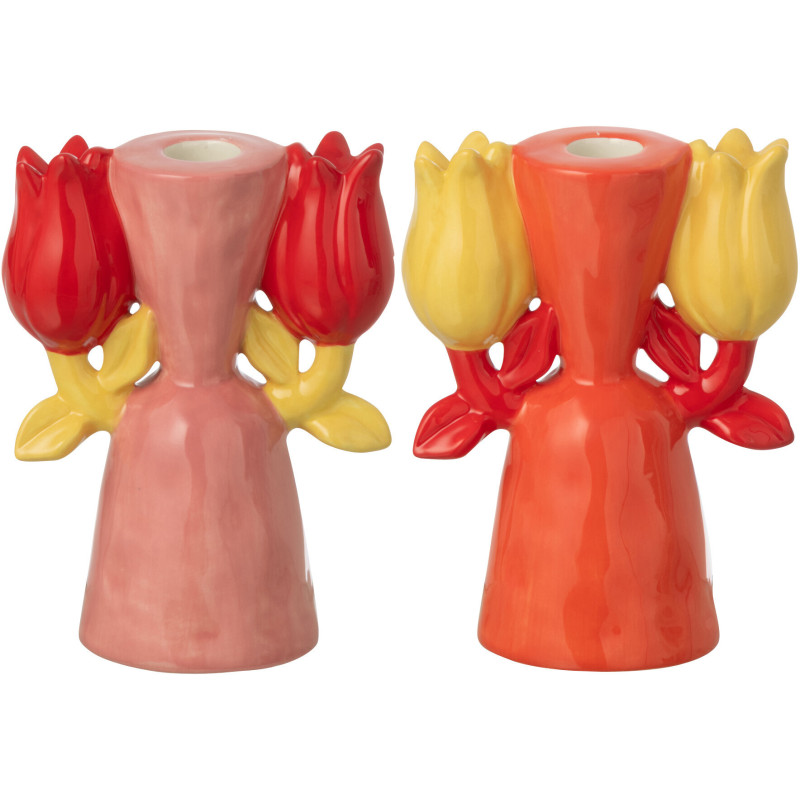 Lot de 2 Bougeoirs pop rétro Tulipes H 15 cm Dolomite Rose Orange Jaune Rouge Florixa 