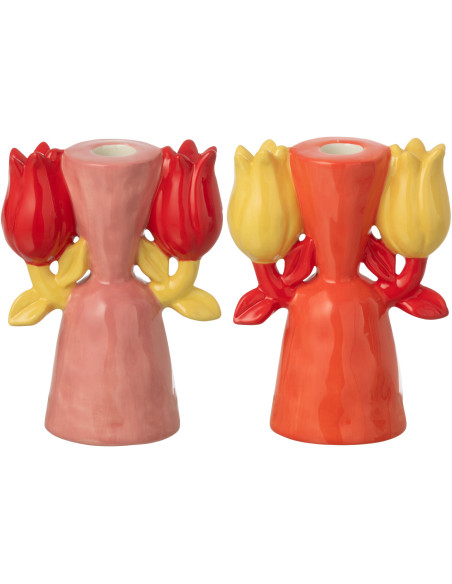Lot de 2 Bougeoirs pop rétro Tulipes H 15 cm Dolomite Rose Orange Jaune Rouge Florixa 
