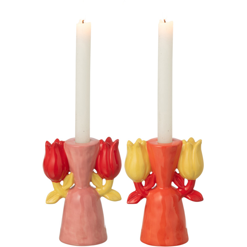 Lot de 2 Bougeoirs pop rétro Tulipes H 15 cm Dolomite Rose Orange Jaune Rouge Florixa 