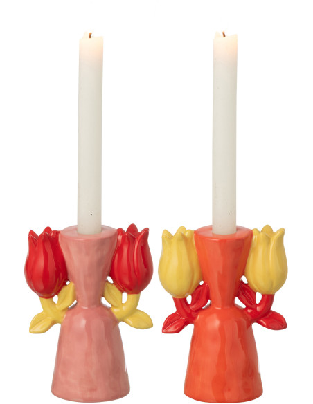 Lot de 2 Bougeoirs pop rétro Tulipes H 15 cm Dolomite Rose Orange Jaune Rouge Florixa 
