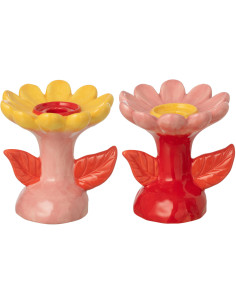 Lot de 2 Bougeoirs pop rétro Fleurs H 13 cm Dolomite Rose Orange Jaune Rouge Florixa 
