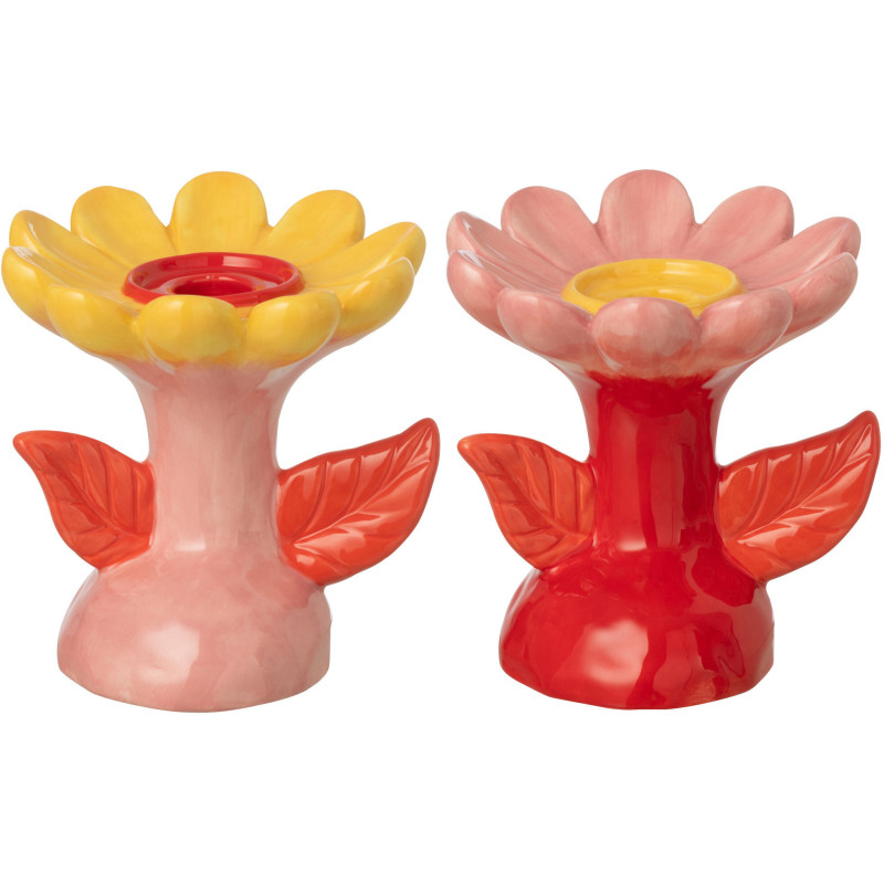 Lot de 2 Bougeoirs pop rétro Fleurs H 13 cm Dolomite Rose Orange Jaune Rouge Florixa 