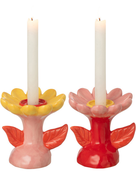 Lot de 2 Bougeoirs pop rétro Fleurs H 13 cm Dolomite Rose Orange Jaune Rouge Florixa 