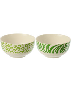 Lot de 2 Bols petit déjeuner Jungle chic Rond Porcelaine Vert Blanc Motif zèbre & léopard Léoze 