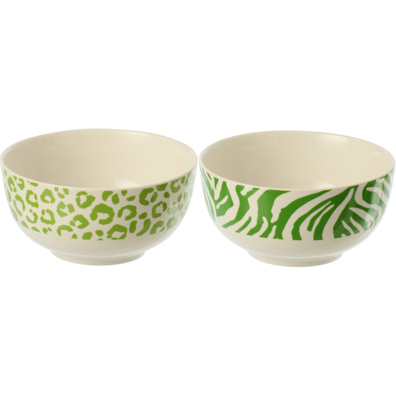 Lot de 2 Bols petit déjeuner Jungle chic Rond Porcelaine Vert Blanc Motif zèbre & léopard Léoze 