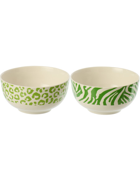 Lot de 2 Bols petit déjeuner Jungle chic Rond Porcelaine Vert Blanc Motif zèbre & léopard Léoze 