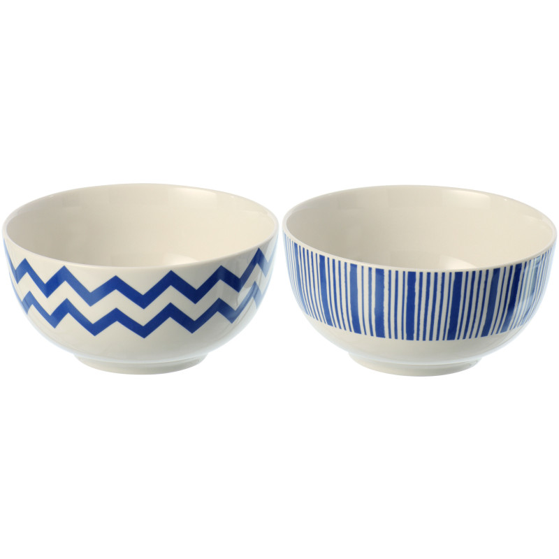 Lot de 2 Bols petit déjeuner bord de mer Rond Porcelaine Bleu Blanc Motif lignes Ondeona 