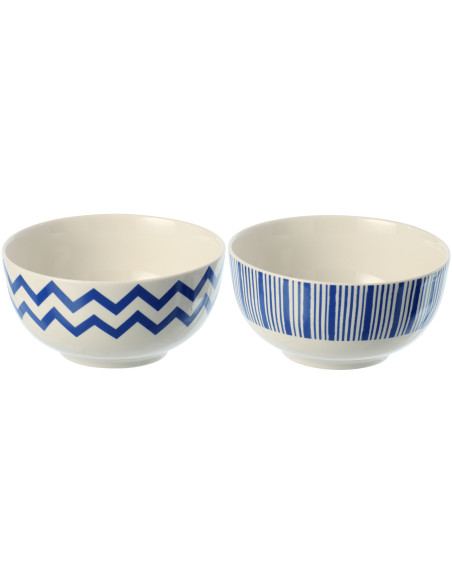 Lot de 2 Bols petit déjeuner bord de mer Rond Porcelaine Bleu Blanc Motif lignes Ondeona 