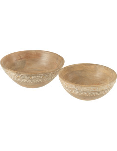 Lot de 2 Bols déco ethnique chic Rond Bois de manguier Naturel Perle Orange Sahéra 