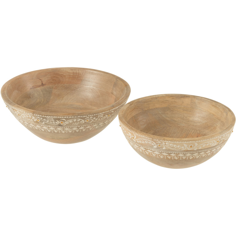 Lot de 2 Bols déco ethnique chic Rond Bois de manguier Naturel Perle Orange Sahéra 