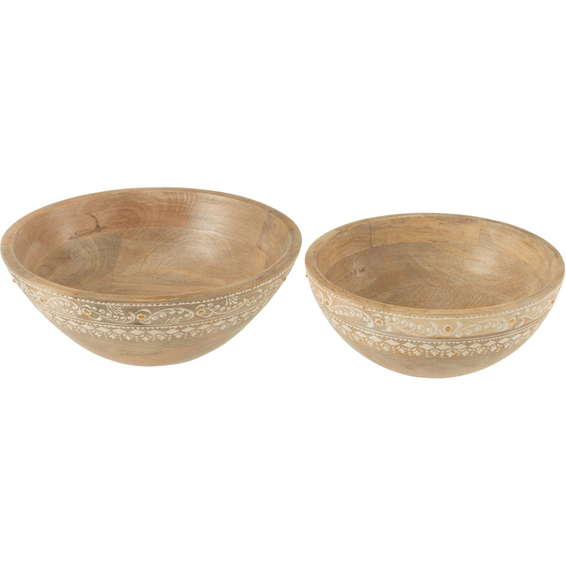 Lot de 2 Bols déco ethnique chic Rond Bois de manguier Naturel Perle Orange Sahéra 