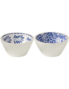 Lot de 2 Bols apéro style méditerranéen Rond 15 cm Bois de manguier Blanc Bleu Motif fleurs Azuriva 