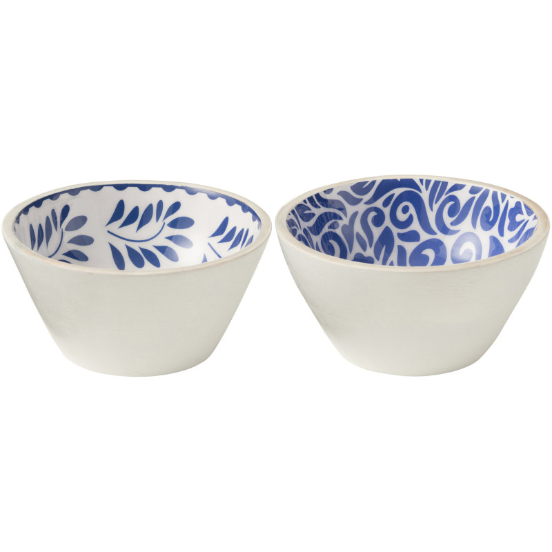 Lot de 2 Bols apéro style méditerranéen Rond 15 cm Bois de manguier Blanc Bleu Motif fleurs Azuriva 