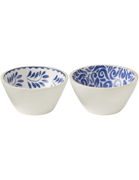 Lot de 2 Bols apéro style méditerranéen Rond 15 cm Bois de manguier Blanc Bleu Motif fleurs Azuriva 