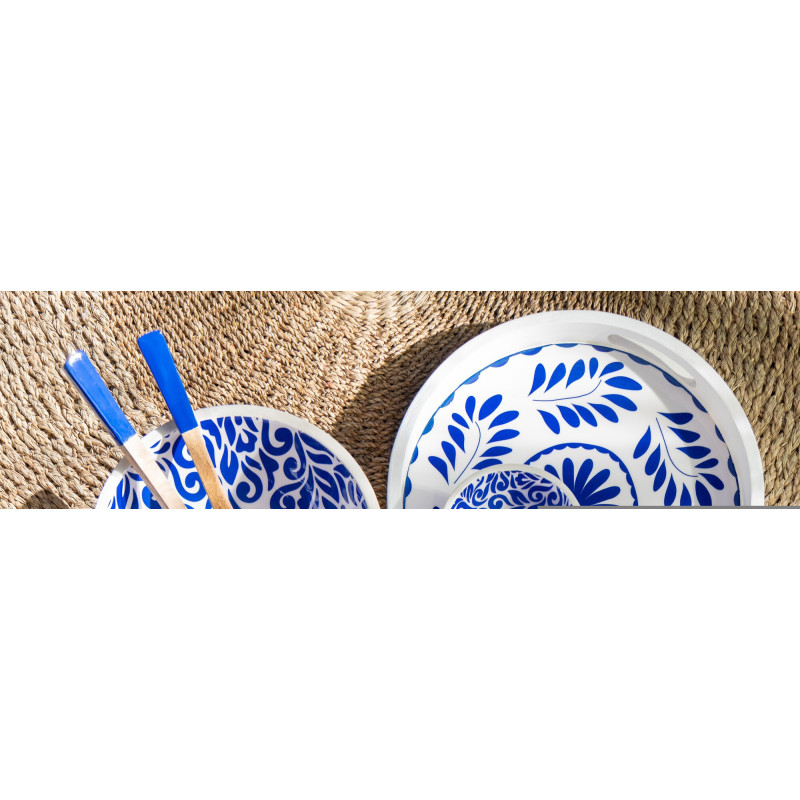 Lot de 2 Bols apéro style méditerranéen Rond 15 cm Bois de manguier Blanc Bleu Motif fleurs Azuriva 