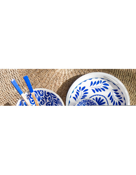 Lot de 2 Bols apéro style méditerranéen Rond 15 cm Bois de manguier Blanc Bleu Motif fleurs Azuriva 