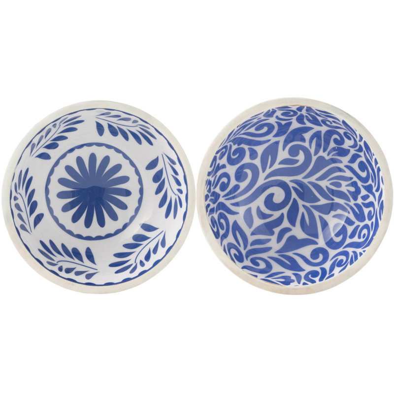 Lot de 2 Bols apéro style méditerranéen Rond 15 cm Bois de manguier Blanc Bleu Motif fleurs Azuriva 