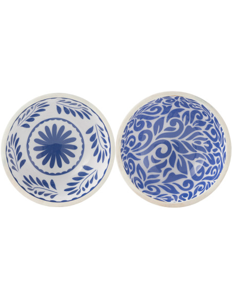 Lot de 2 Bols apéro style méditerranéen Rond 15 cm Bois de manguier Blanc Bleu Motif fleurs Azuriva 