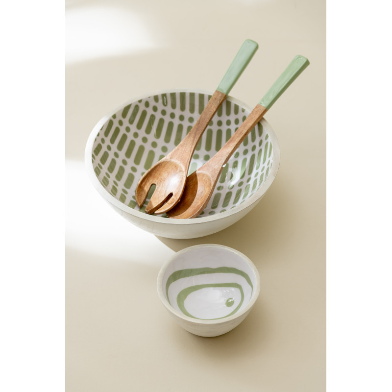 Lot de 2 Bols apéro style japandi Rond 10 cm Bois de manguier Vert Blanc Soraï 