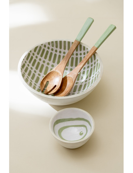 Lot de 2 Bols apéro style japandi Rond 10 cm Bois de manguier Vert Blanc Soraï 