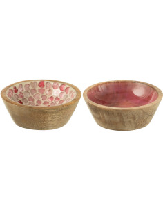 Lot de 2 Bols apéro romantique chic Rond 9 cm Bois de manguier Naturel Rose Motif coeurs Amorossi 