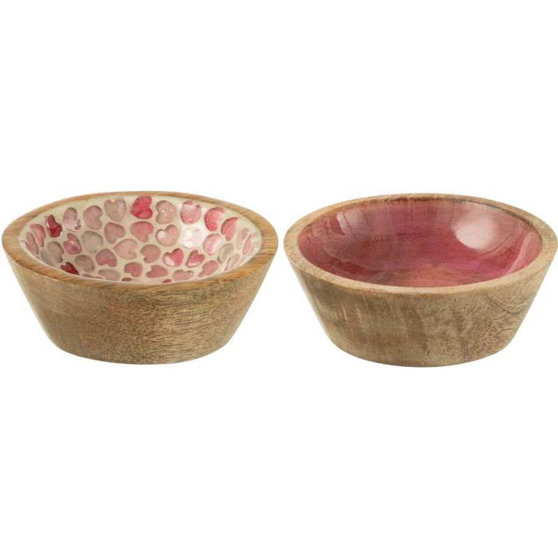 Lot de 2 Bols apéro romantique chic Rond 9 cm Bois de manguier Naturel Rose Motif coeurs Amorossi 
