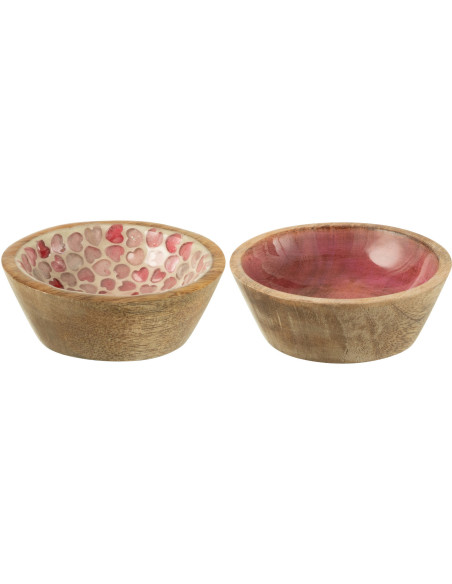 Lot de 2 Bols apéro romantique chic Rond 9 cm Bois de manguier Naturel Rose Motif coeurs Amorossi 