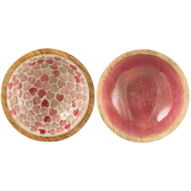 Lot de 2 Bols apéro romantique chic Rond 9 cm Bois de manguier Naturel Rose Motif coeurs Amorossi 