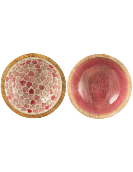 Lot de 2 Bols apéro romantique chic Rond 9 cm Bois de manguier Naturel Rose Motif coeurs Amorossi 