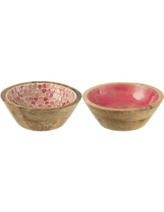 Lot de 2 Bols apéro romantique chic Rond 15 cm Bois de manguier Naturel Rose Motif coeurs Amorossi 